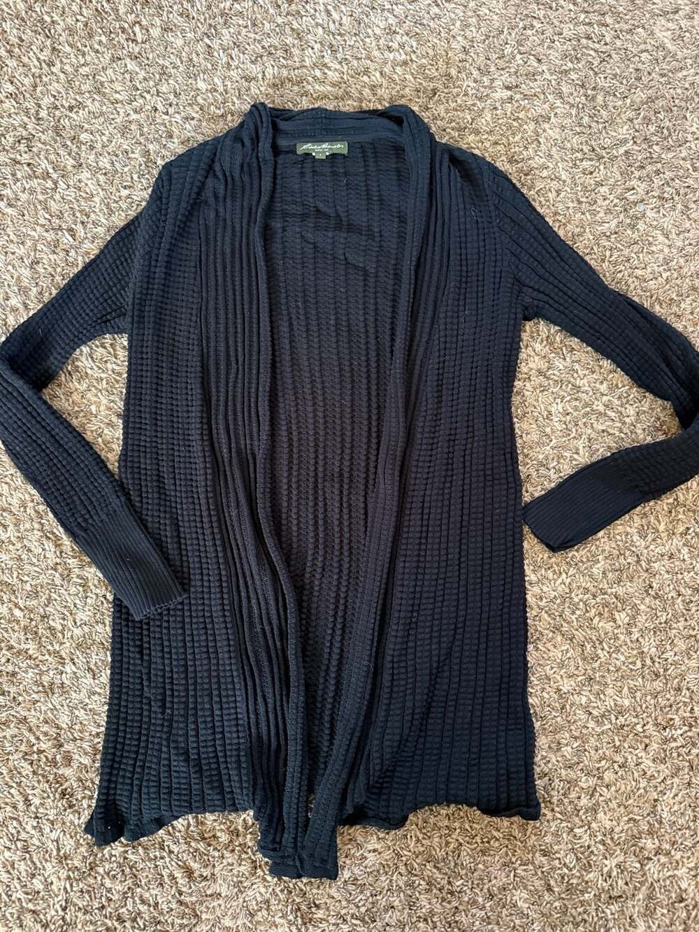 Eddie Bauer Waffle Knit Cardigan Size S Black Open Front Long Sleeve